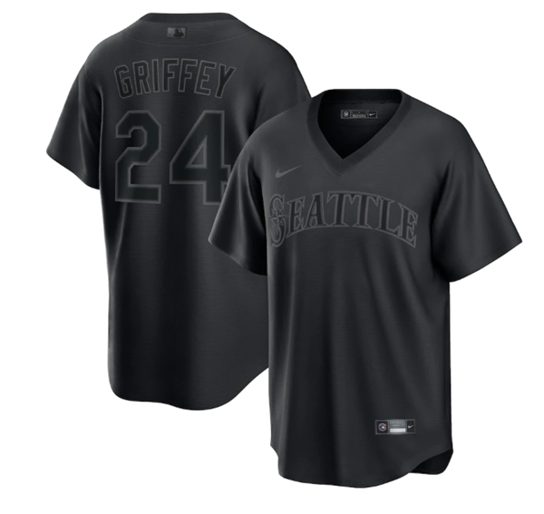 Men's Seattle Mariners #24 Ken Griffey Jr. Black Pitch Black Fashion Replica Stitched Jersey Men's Seattle Mariners #24 Ken Griffey Jr. Black Pitch Black Fashion Replica Stitched Jersey